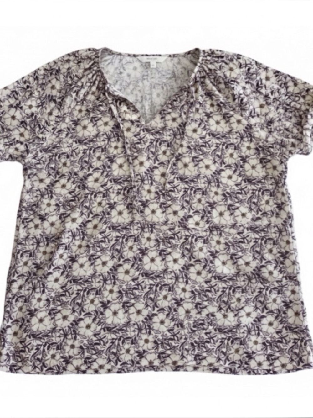 Grand & Greene White Floral Tie-Neck Blouse Size 12 | Short Ruffle Sleeves